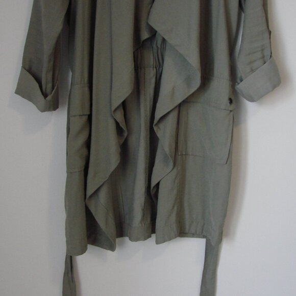 Duster Trench Coat Utility Olive Green Waterfall Front Flowy Size XS Small - Picture 7 of 16